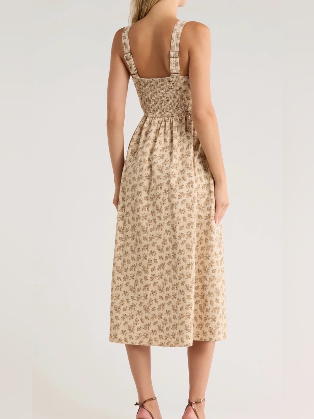 Moon River Anthropologie Beige Floral A-line Midi Dress Cottagecore Girlhood - Picture 2 of 10